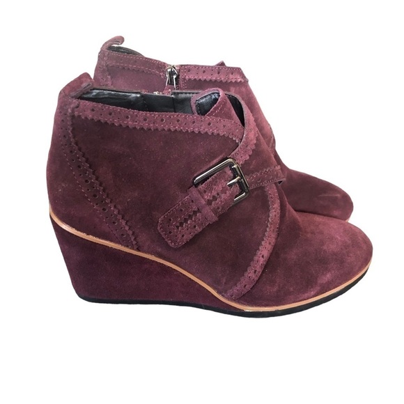 Franco Sarto Arielle Fashion Bootie Sz. 10M Wedge Heel Burgundy Suede Buckle - Picture 1 of 9